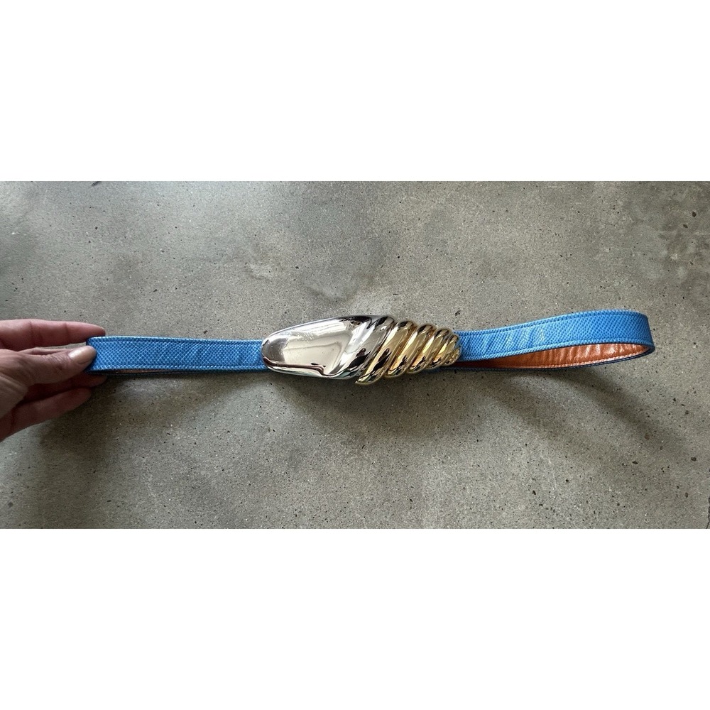 Vintage Alexis Kirk Belt Two Tone Gold Silver Buckle Aqua Glam 80's